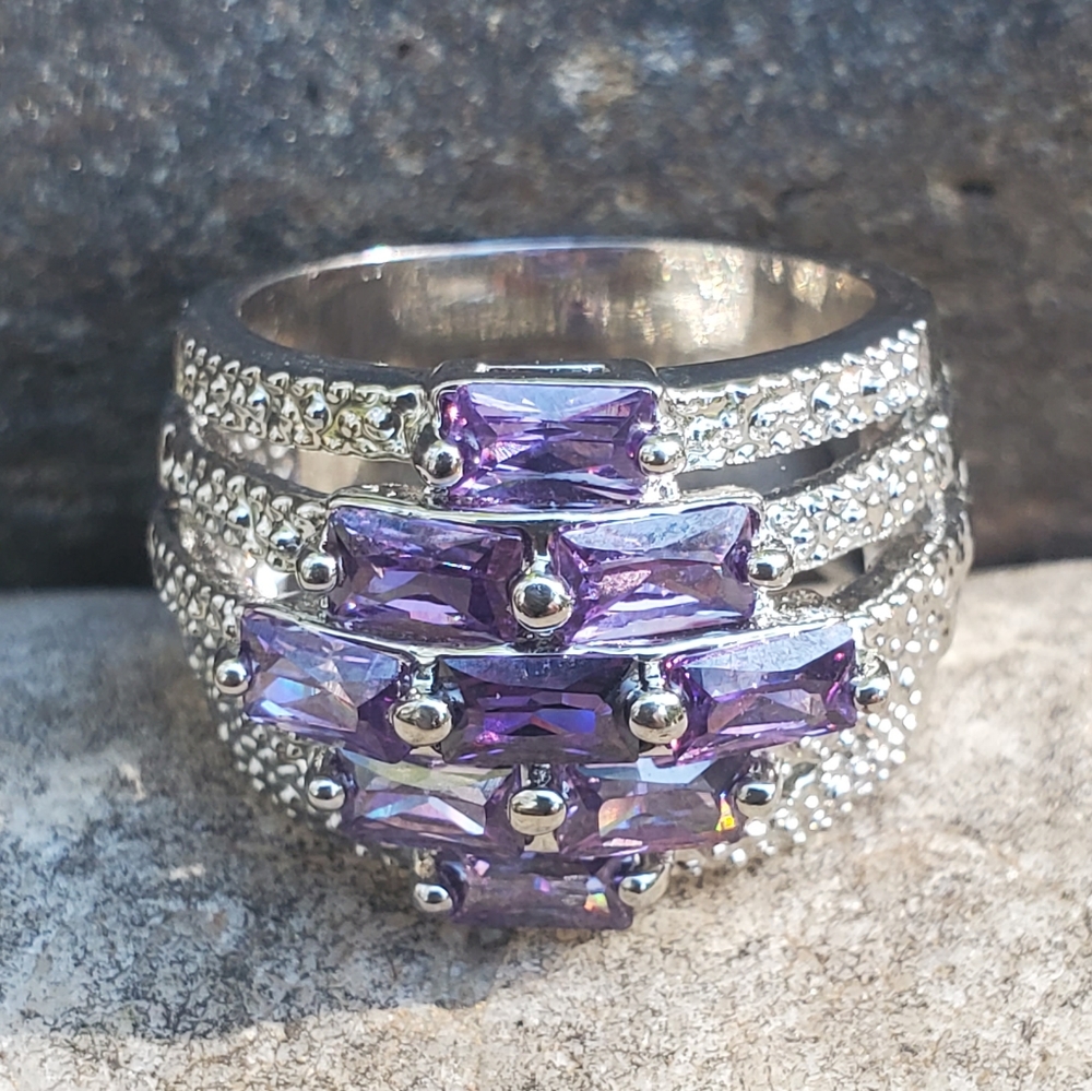 Beautiful Amethyst White Gold Rhodium Plated Ring, Wide Band NWOT